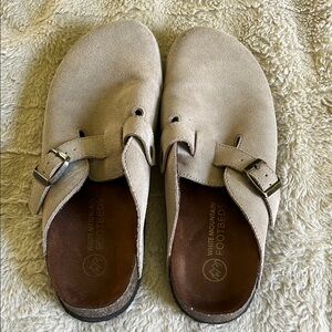 Beige Suede Footbed Clogs with Buckle sz9